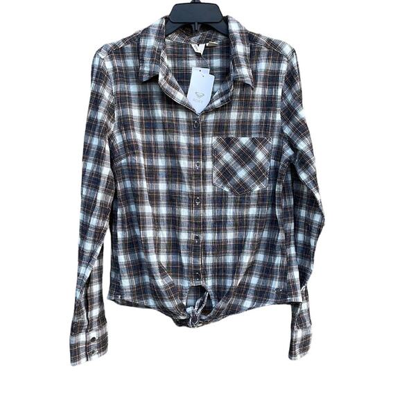 Roxy long sleeve brown plaid button down shirt front knot tie size large NEW - Picture 4 of 5
